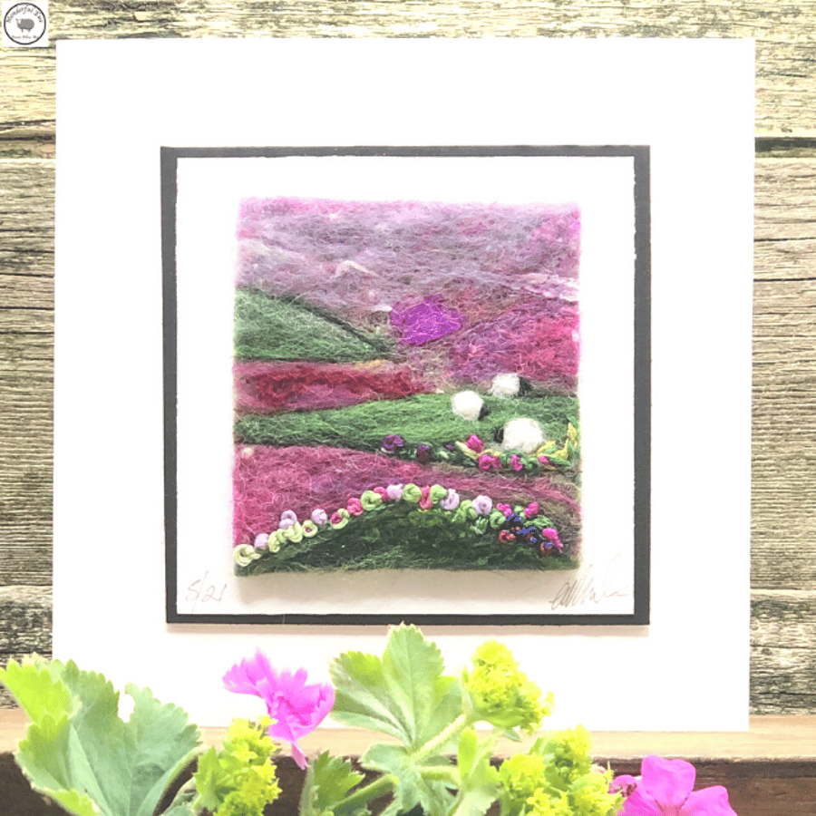 Greeting card landscape summer sheep felt painting letterbox gift fibre art
