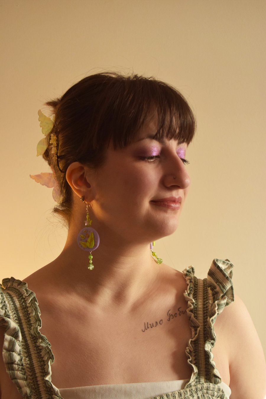 Clay Earring - 'Leafy Purple Skies'