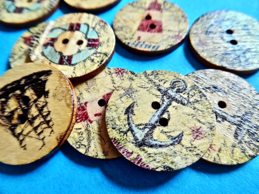 10 x 25mm Flat Wood Nautical Buttons 2 holes