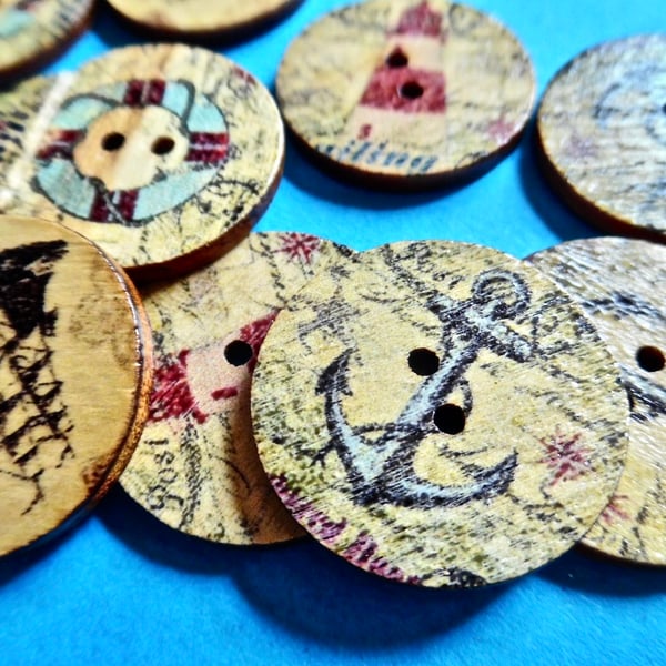 10 x 25mm Flat Wood Nautical Buttons 2 holes