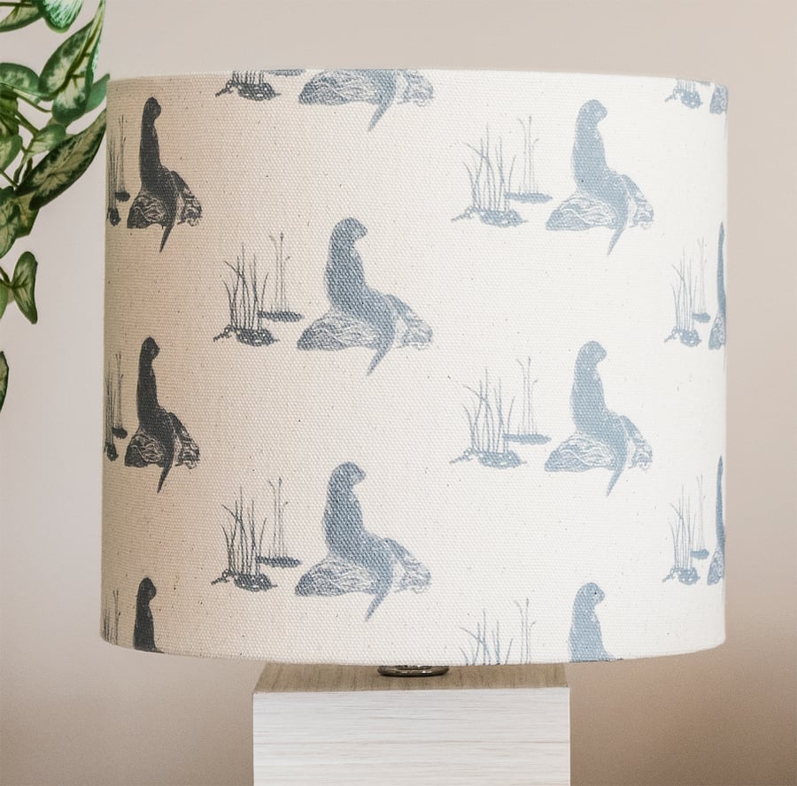 modern handmade otter design natural duck egg blue drum lampshade table lamp   