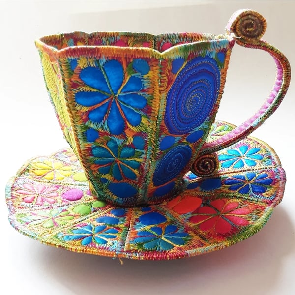 Teacup and Saucer Textile Art Free Machine Embroidery 