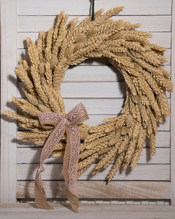Handmade Natural Dried Wheat Wreath with Lace Ribbon