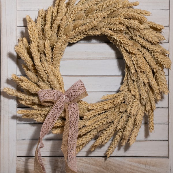 Handmade Natural Dried Wheat Wreath with Lace Ribbon