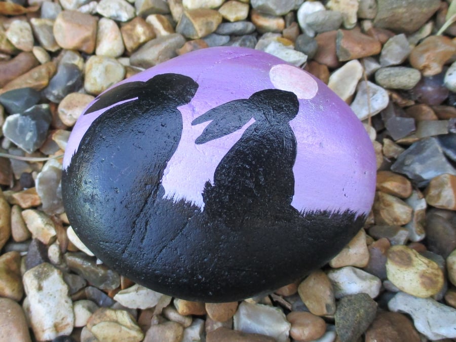 Painted Rock Stone Bunny Rabbit Pet Silhouette Purple Lilac Moon