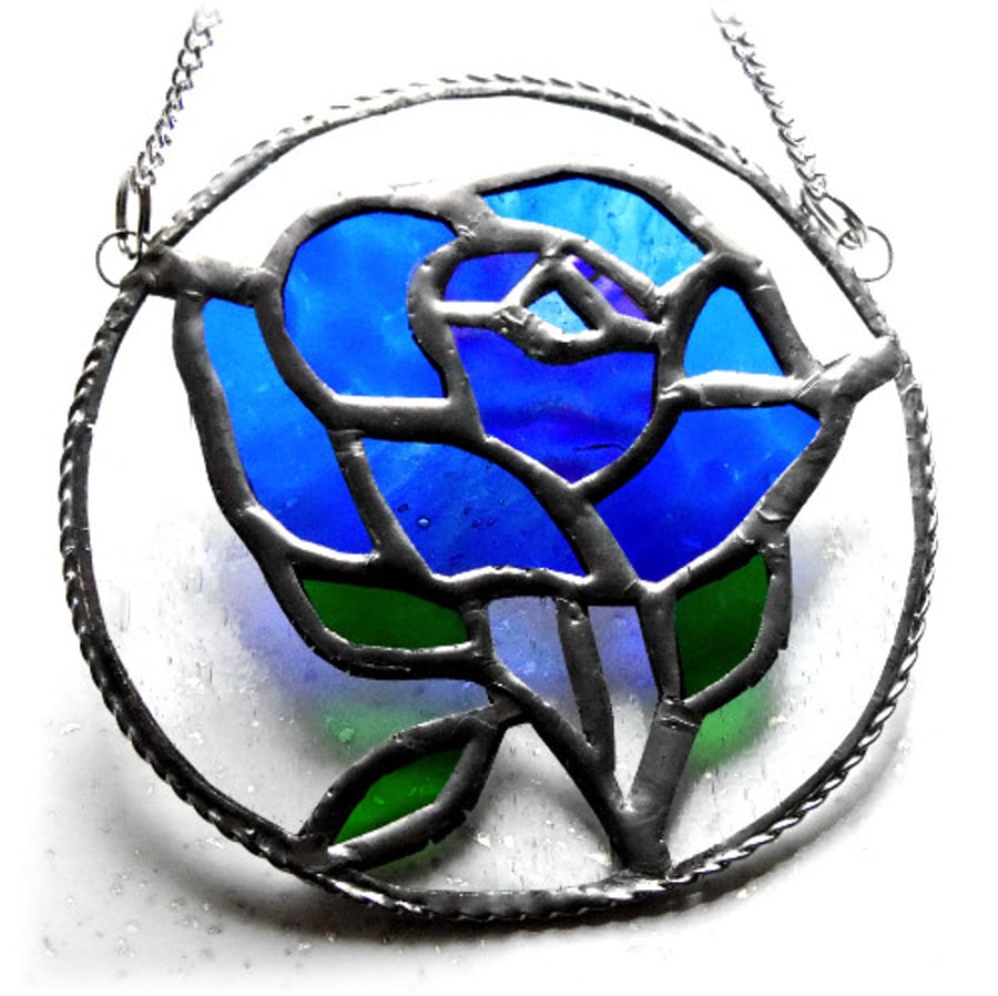 SOLD Rose Ring Suncatcher Stained Glass Blue