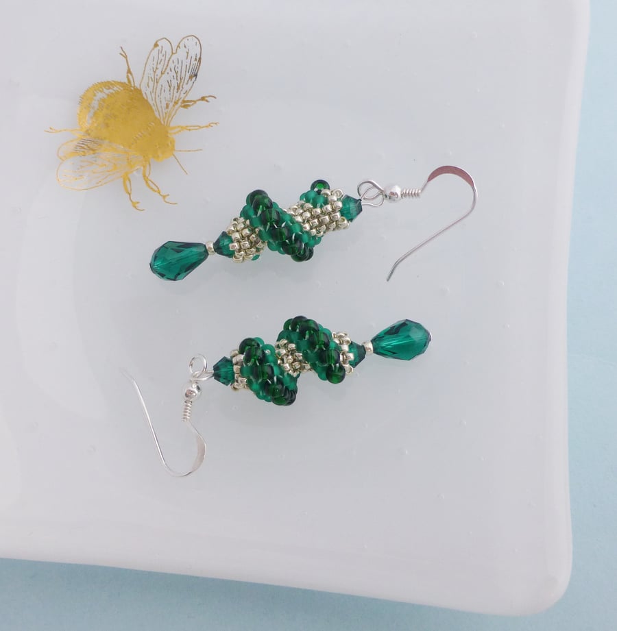 Emerald Green and Silver Spiral Beaded Drop Earrings
