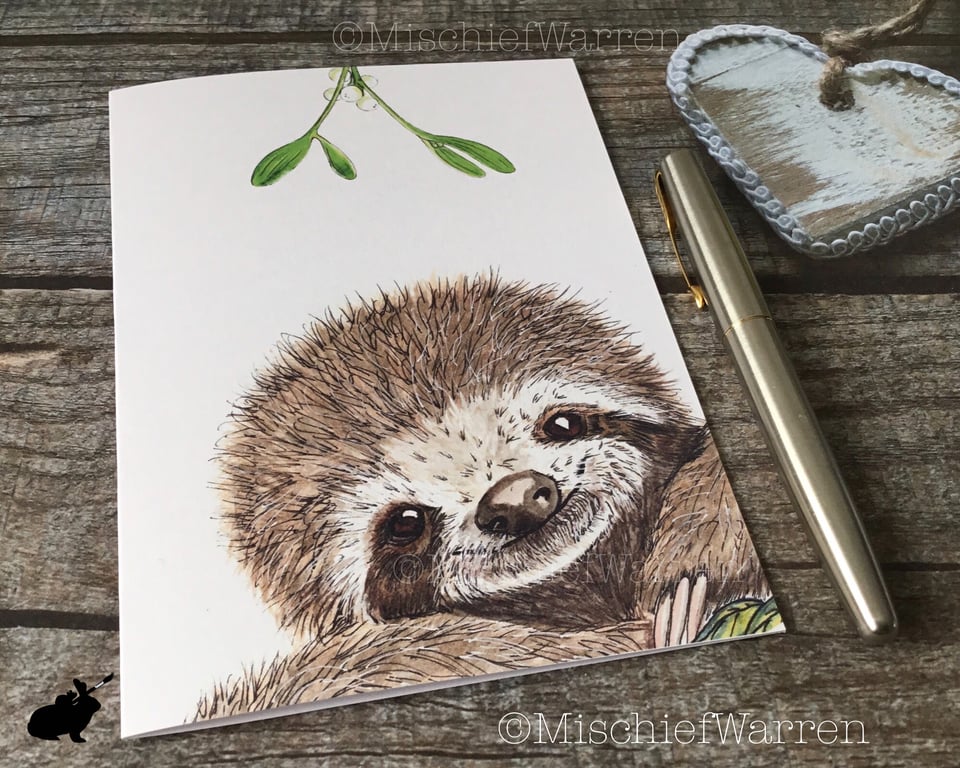 Sloth Christmas Card. Sloth handmade Christmas card.