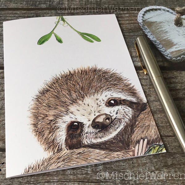 Sloth Christmas Card. Sloth handmade Christmas card.