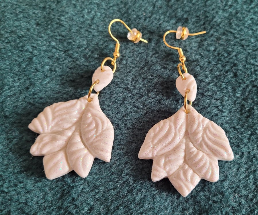 Polymer Clay White Glitter Leaf Earrings. 316 Surgical Stainless Steel