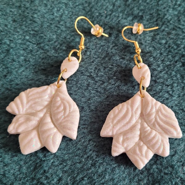Polymer Clay White Glitter Leaf Earrings. 316 Surgical Stainless Steel