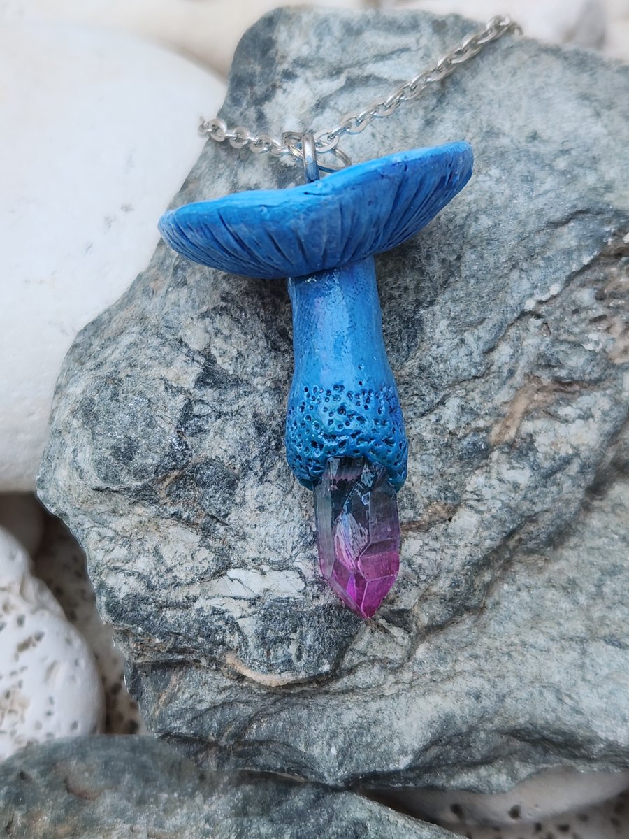 Indigo milk cap inspired Polymer Clay Galaxy Mushroom sculpted quartz