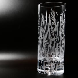 20cm Glass Column Vase with Sandblasted Grasses Design