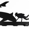 Scuba Diver and Shark Silhouette Key Hook Rack - metal wall art