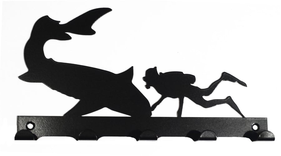 Scuba Diver and Shark Silhouette Key Hook Rack - metal wall art