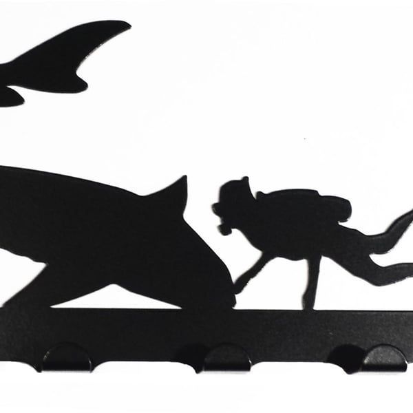 Scuba Diver and Shark Silhouette Key Hook Rack - metal wall art