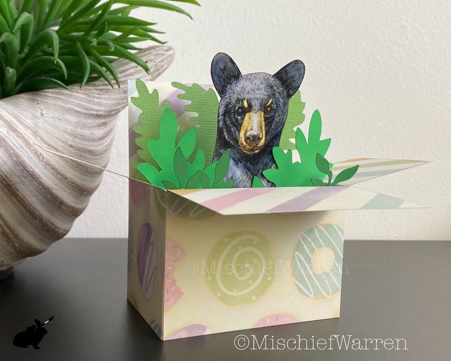 Black Bear Card. 3D box card blank or personalised. Bear Cub Gift card holder.