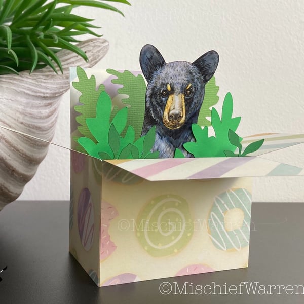 Black Bear Card. 3D box card blank or personalised. Bear Cub Gift card holder.