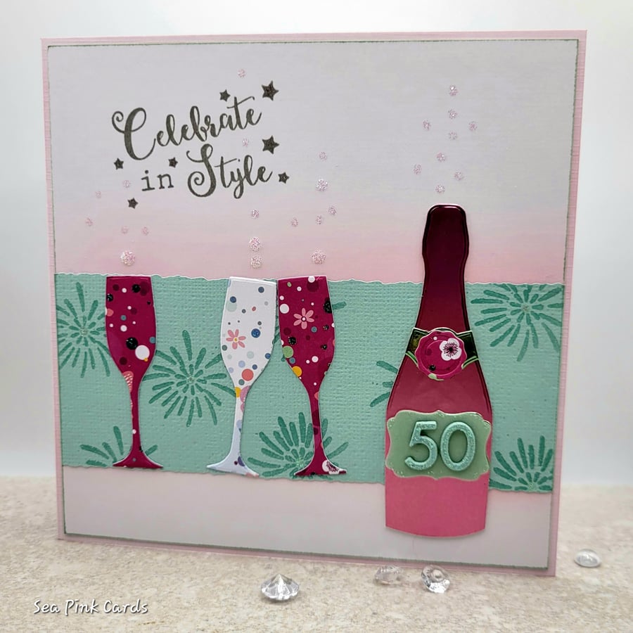 Champagne 50th Birthday Card - pink bubbly glasses 3d textured