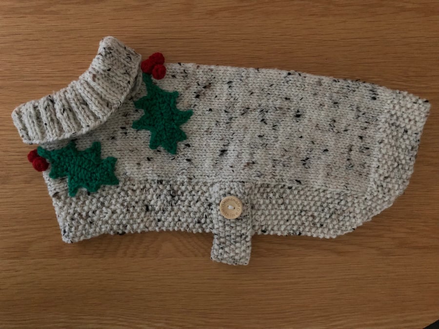 Knitted Medium Tweed Dog Coat with Crochet Holly Leaves And Berries (R881)