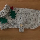 Knitted Medium Tweed Dog Coat with Crochet Holly Leaves And Berries (R881)