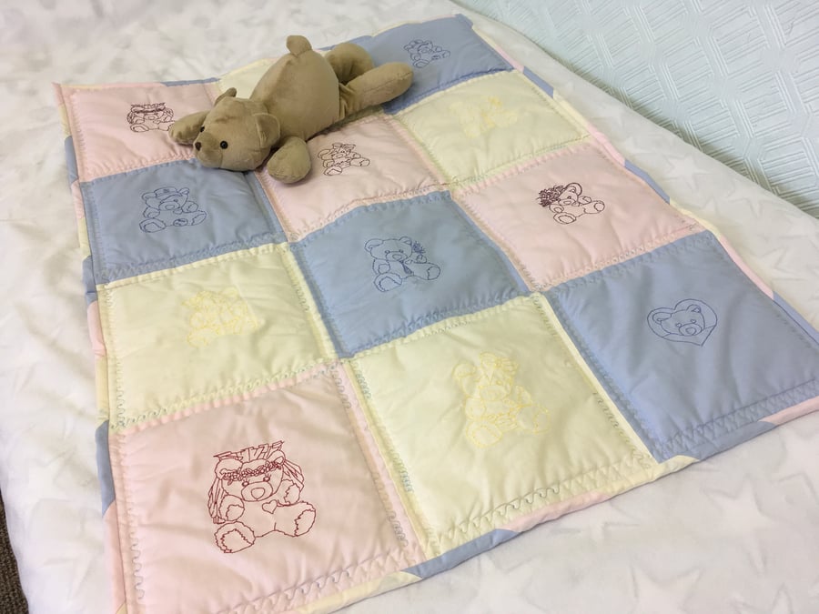 Baby and Toddlers Quilt. Cot,Travel Cot, Playmat. Embroidered Teddy Bear Designs