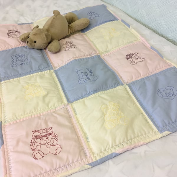 Baby and Toddlers Quilt. Cot,Travel Cot, Playmat. Embroidered Teddy Bear Designs