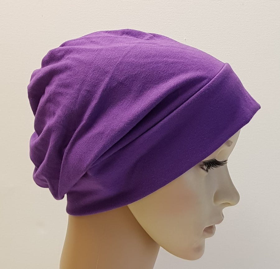 Purple chemo beanie hat for women, messy hair day hat, alopecia hair loss 