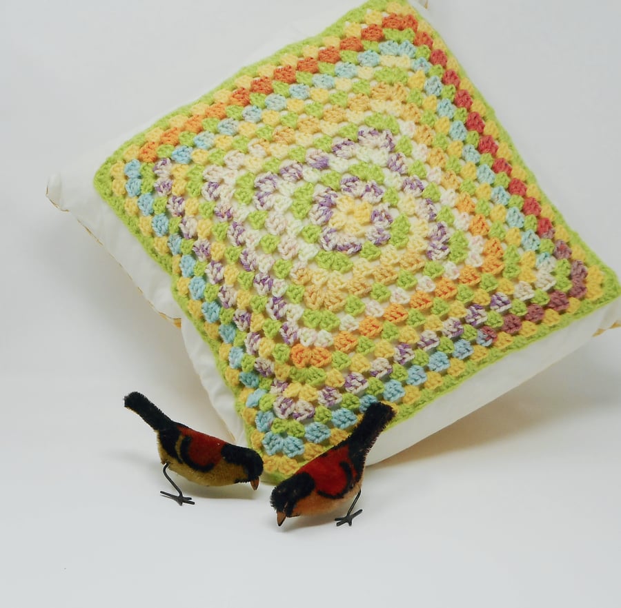 Crochet Granny Square cushion cover with gingham back - Sweet As Honey