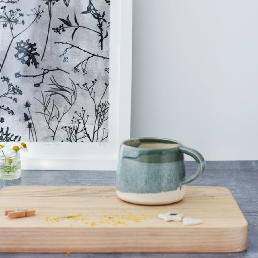 Handmade green and cream ceramic mug - illustrated stoneware pottery