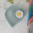 Baby Beanie Crochet Daisy Hat In Sizes Newborn to 2 Yrs, Baby Shower Gift