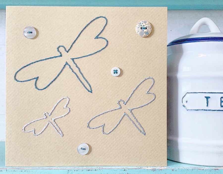 Hand Sewn Card. Dragonfly. Blank Card. Handmade Card. Insect Card.