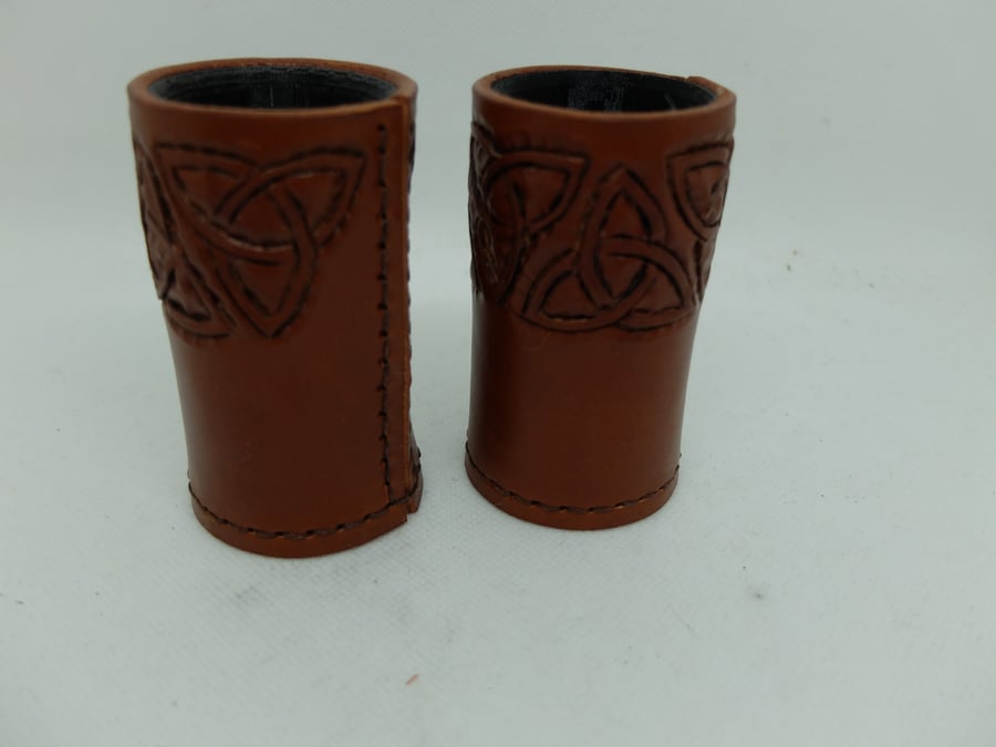 Pair of handmade tan leather dicecups
