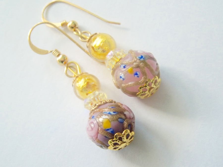 Pink and gold Murano glass earrings with Swarovski crystal and gold fill