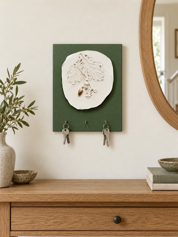 Botanical Plaster Cast Key Holder, Handmade Wall Art with Hooks, Organic Entrywa