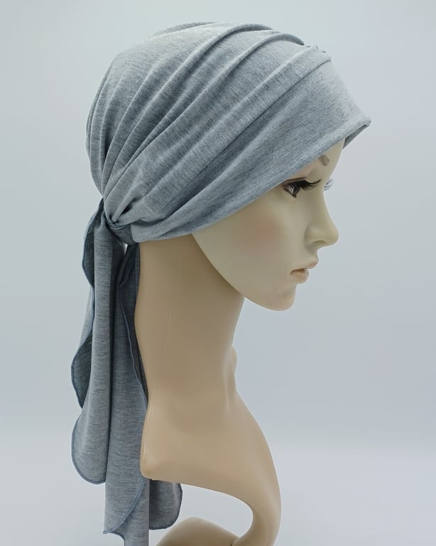 Light grey chemo head wear for women, stretchy viscose jersey turban with ties