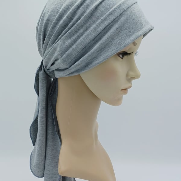 Light grey chemo head wear for women, stretchy viscose jersey turban with ties