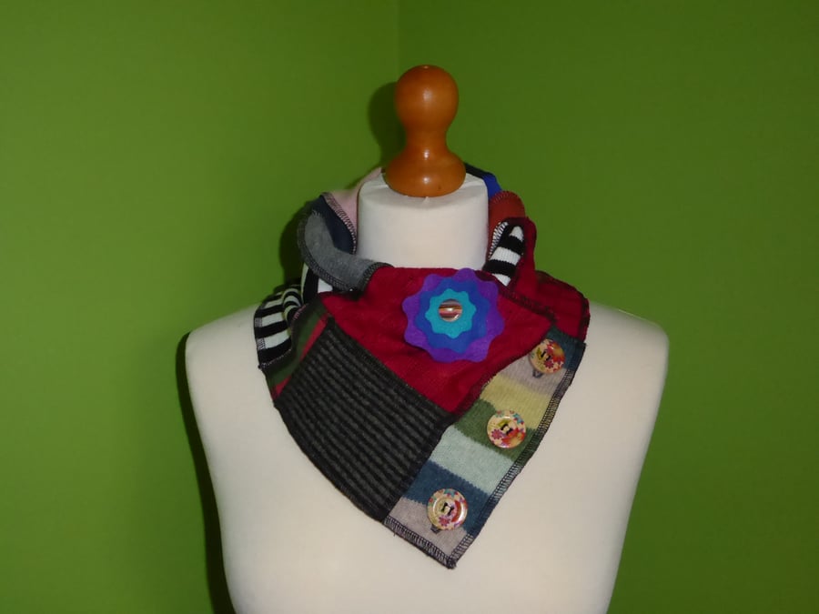 Neck Warmer Scarf with 3 button Trim. Upcycled Cowl. Felt Flower. Stripe Lining