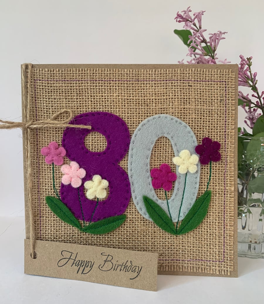 Handmade 80th Birthday Card. Keepsake Card. Textile Card.