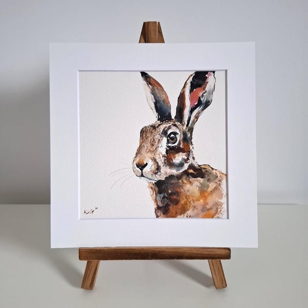 Original Hare Painting, Watercolour Art, 15x15cm, Mounted 8x8"