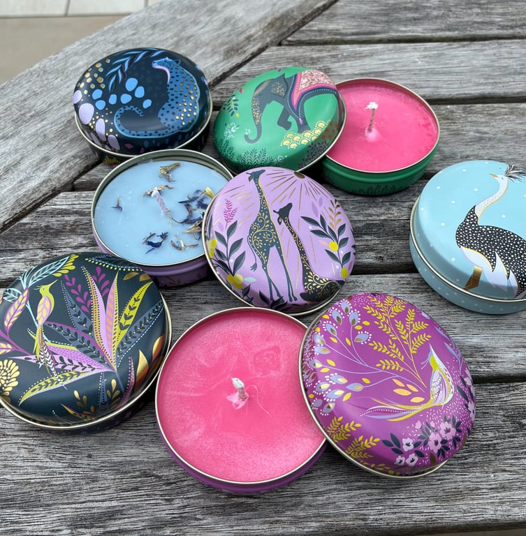 Set of Six Soy Travel Candles in Decorative Tins -  Lavender and Cotton Scent