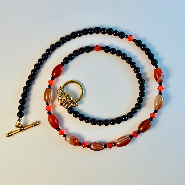 Banded Red Agate Necklace With Swarovski Crystals - Handmade In Devon