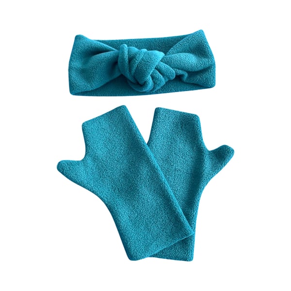 Teal blue fleece fingerless gloves and soft knotted ear warmer headband set for 