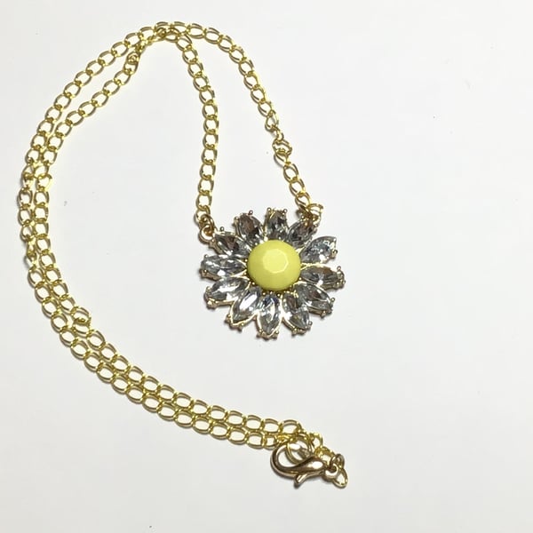 Recycled jewellery daisy necklace - Flower pendant crystal and yellow stones 