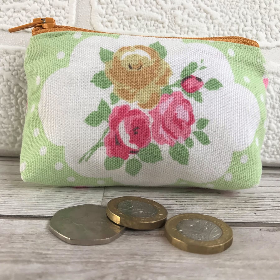 Small purse, coin purse in green with golden yellow and pink Roses