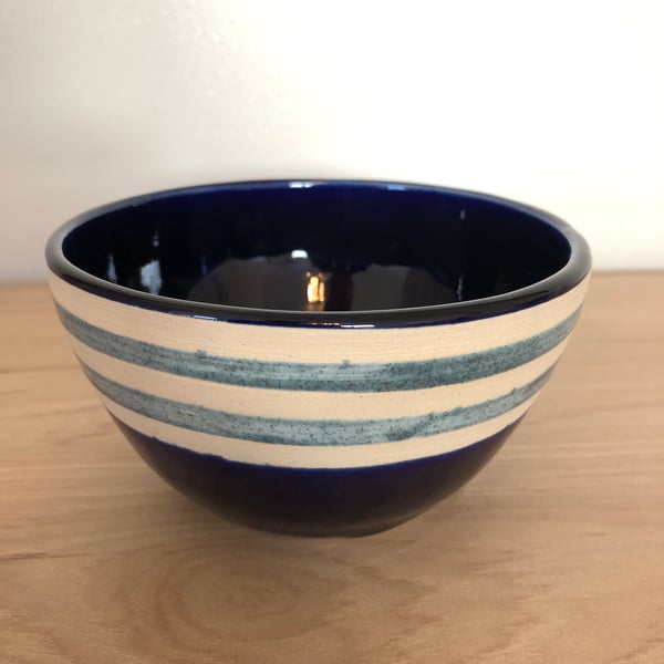 DEEP BLUE STRIPED CERAMIC STONEWARE BOWL