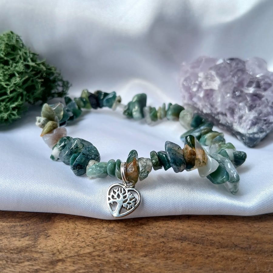 Handmade Moss Agate Bracelet with Heart Shaped Tree of Life Charm