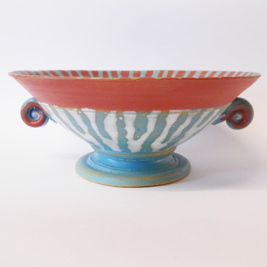 Bowl Gorgeous Stemmed Bowl with Twizzles, Red, white and Blue striped Ceramic.