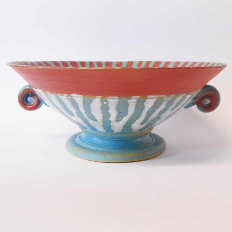Bowl Gorgeous Stemmed Bowl with Twizzles, Red, white and Blue striped Ceramic.
