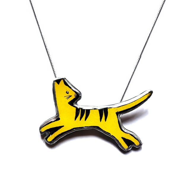 Whimsical Retro Yellow Striped Cat Pendant Statement Necklace by EllyMental